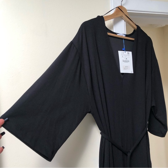 Zara dress with belt 🖤 midi length v neck kimono sleeve straight cut 🖤 black L - Picture 13 of 16